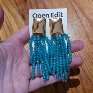 Open Edit @ Nordstrom Beaded Fringe Clip-On Earrings in Green-Gold